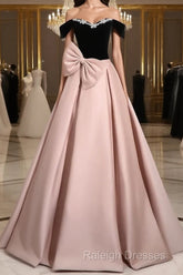 A-Line Off Shoulder Satin Pink Long Prom Dresses, Pink Long Formal Dresses